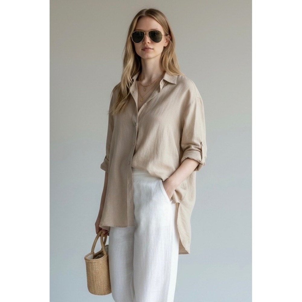 Marie la lune Italian Linen Oversized Tunic Shirt Oatmeal Beige Size Large
